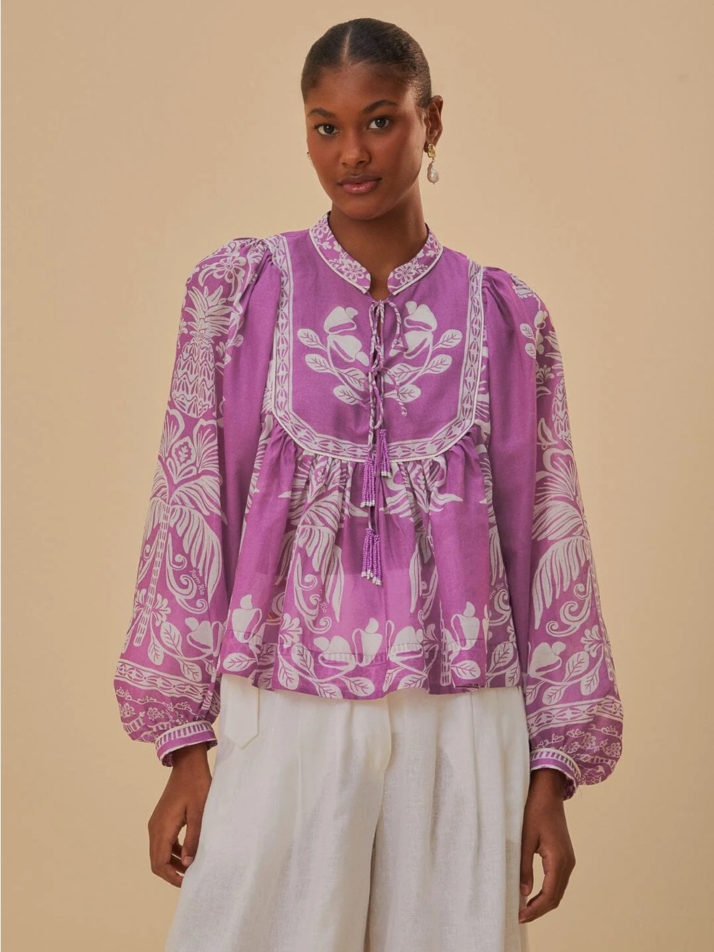 Farm Rio Lilac Sweet Garden Long Sleeve Blouse Purple Size S